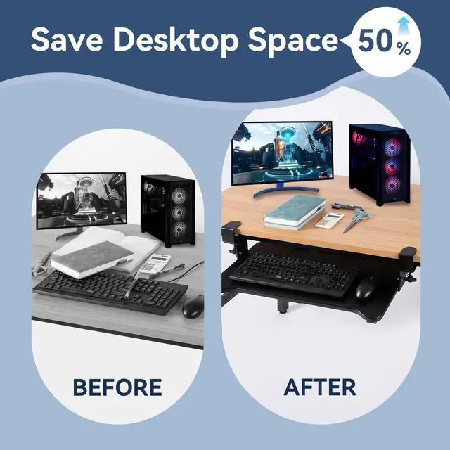 Alt view image 5 of 7 - Keyboard Tray Under Desk Height Adjustable,Pull Out with Adjustable C Clamp Mount System for L-Shaped Tables, Extra Sturdy, 26.4 x 11.8 Slide-Out Platform Computer Drawer for Typing, Black