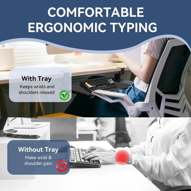 Alt view image 6 of 7 - Keyboard Tray Under Desk Height Adjustable,Pull Out with Adjustable C Clamp Mount System for L-Shaped Tables, Extra Sturdy, 26.4 x 11.8 Slide-Out Platform Computer Drawer for Typing, Black