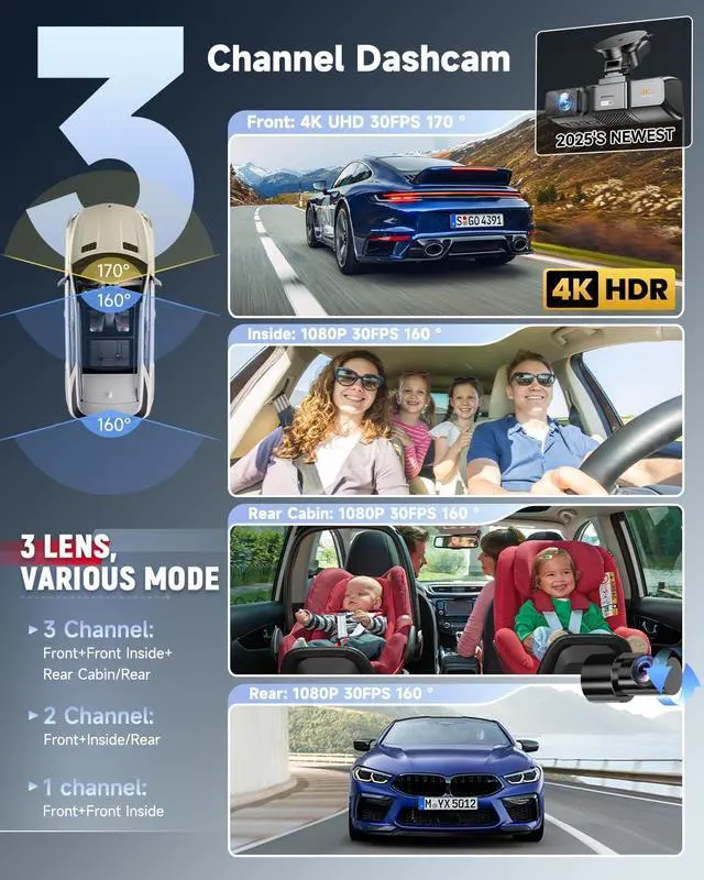 Alt view image 2 of 7 - K800 4K+1080P+1080P 3 Channel Dash Cam, Dash Cam Front and Rear Inside, 5.8GHz WiFi Built-in GPS, Free 64GB Card, 3.2" IPS Screen Dash Camera for Cars, IR Night Vision, 24H Parking Mode, G-Sensor