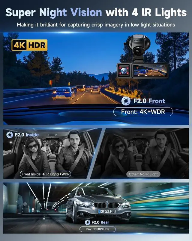 Alt view image 3 of 7 - K800 4K+1080P+1080P 3 Channel Dash Cam, Dash Cam Front and Rear Inside, 5.8GHz WiFi Built-in GPS, Free 64GB Card, 3.2" IPS Screen Dash Camera for Cars, IR Night Vision, 24H Parking Mode, G-Sensor