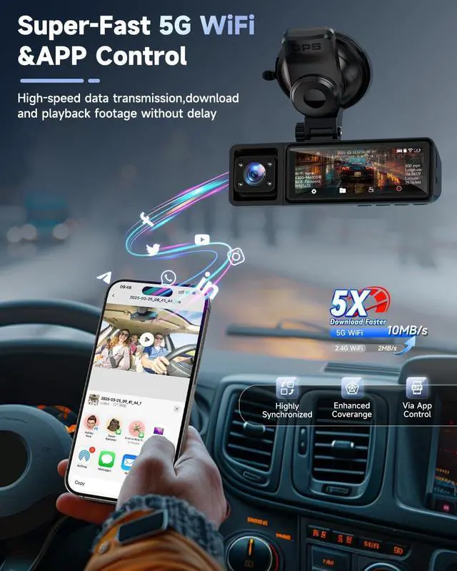 Alt view image 4 of 7 - K800 4K+1080P+1080P 3 Channel Dash Cam, Dash Cam Front and Rear Inside, 5.8GHz WiFi Built-in GPS, Free 64GB Card, 3.2" IPS Screen Dash Camera for Cars, IR Night Vision, 24H Parking Mode, G-Sensor