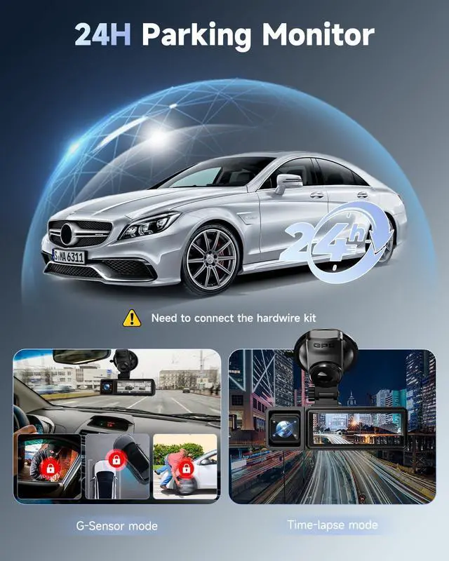 Alt view image 6 of 7 - K800 4K+1080P+1080P 3 Channel Dash Cam, Dash Cam Front and Rear Inside, 5.8GHz WiFi Built-in GPS, Free 64GB Card, 3.2" IPS Screen Dash Camera for Cars, IR Night Vision, 24H Parking Mode, G-Sensor