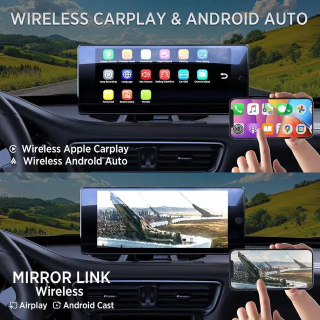 Alt view image 7 of 7 - Wireless Carplay with 4K 4CH Dash Cam, Portable Carplay HD Touchscreen for Car, Carplay & Android Auto Car Radio w/DVR Recording, GPS Navigation/Mirror Link/Music Play - 10.36"