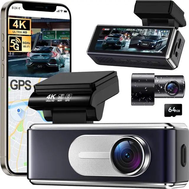 Main image of Dash Cam Front and Rear - 4K HD Dual Dash Camera for Cars, Built-in 5G WiFi GPS, 64GB Card, Dashcam with 3.2" IPS Screen, UHD Night Vision, HDR, App Control, 24H Parking Monitor