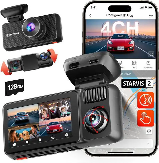 Main image of REDTIGER F17 Plus 4 Channel Dash Cam 2.7K+1080P*3, STARVIS 2, 128GB Card Included, 360° Front Inside and Rear Cabin Car Camera, IR Night Vision, 5GHz WiFi GPS, Voice Control, Touchscreen, Parking Mode