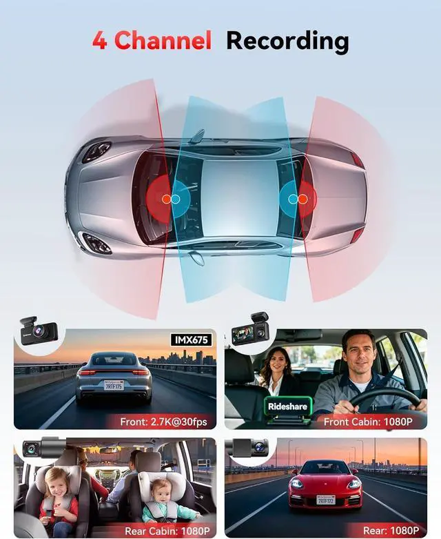 Alt view image 2 of 7 - REDTIGER F17 Plus 4 Channel Dash Cam 2.7K+1080P*3, STARVIS 2, 128GB Card Included, 360° Front Inside and Rear Cabin Car Camera, IR Night Vision, 5GHz WiFi GPS, Voice Control, Touchscreen, Parking Mode