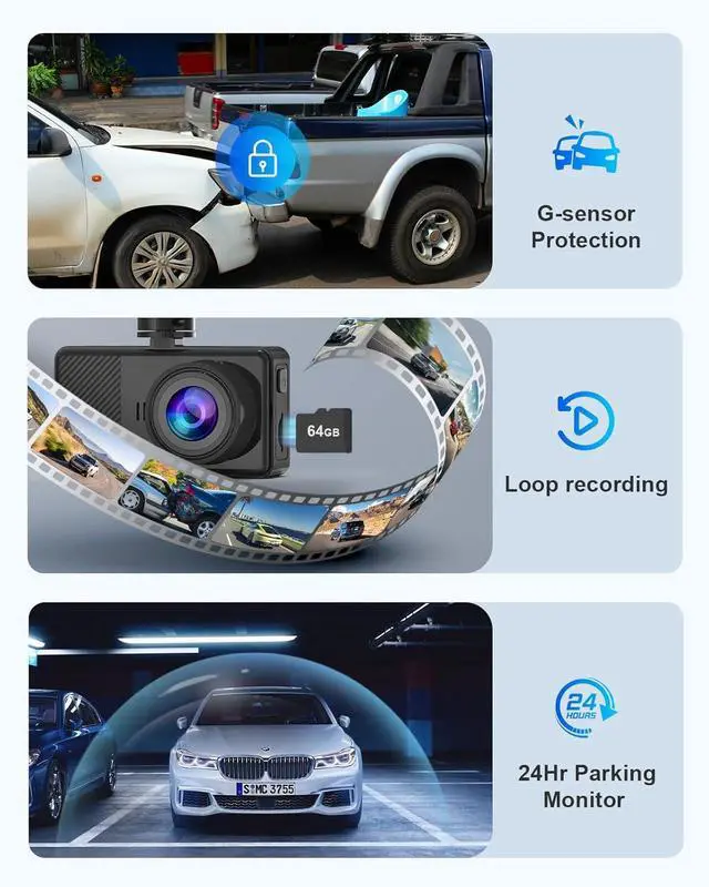 Alt view image 5 of 7 - Dash Cam Front and Rear, 2.5K+1080P Dual Dash Camera for Cars, 2 Display Mini Car Camera, G-Sensor Dashcam, Night Vision, 24H Parking Mode, Loop Recording, 170°Wide Angle, 64GB Card Included, Black