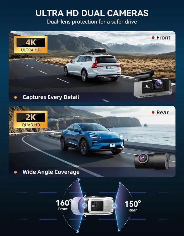 Alt view image 2 of 7 - TECXLERON Dash Cam Front and Rear, 4K Dual Cam, Camera for Cars with Starlight Night Vision, 160° & 150° Rear Wide Angle, GPS, WDR, G-Sensor, 24H Parking Mode, 64GB Card Included