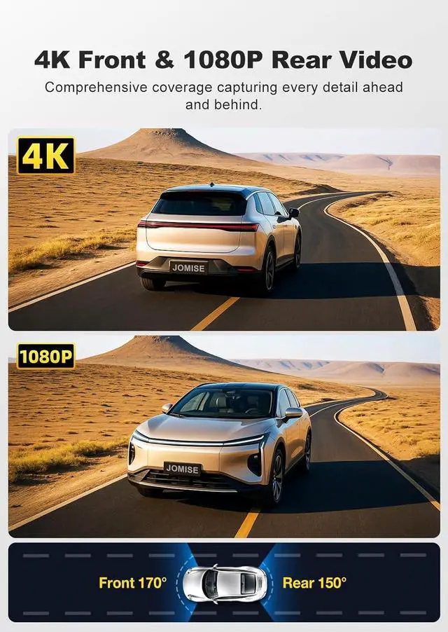 Alt view image 3 of 7 - JOMISE 4K Dash Cam,5G WiFi Car Camera Built-in GPS,4K+1080P Dash Cam Front and Rear Inside,170° Wide Angle dashcam,24H Parking Mode with Loop Recording, Night Vision, 64GB Card,3-Inch Screen,Max 256GB
