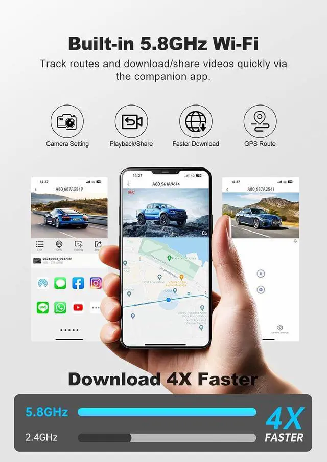 Alt view image 5 of 7 - JOMISE 4K Dash Cam,5G WiFi Car Camera Built-in GPS,4K+1080P Dash Cam Front and Rear Inside,170° Wide Angle dashcam,24H Parking Mode with Loop Recording, Night Vision, 64GB Card,3-Inch Screen,Max 256GB