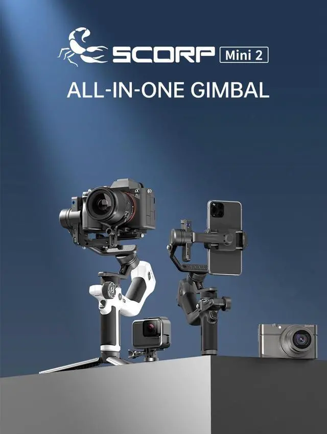 Alt view image 2 of 7 - Feiyu SCORP Mini-2 All-in-1 Gimbal Stabilizer Mirrorless Cameras, Action Camera and Smartphones. Built in AI Facial Tracking Sensor | Gesture Control Dual-Handle Grip Payload 2.65 lbs - Black
