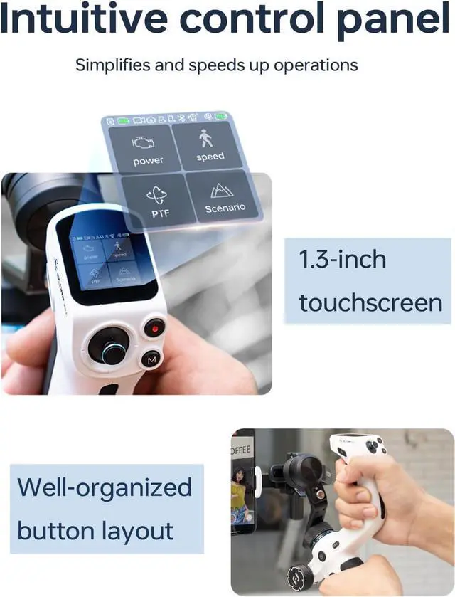 Alt view image 4 of 7 - Feiyu SCORP Mini-2 All-in-1 Gimbal Stabilizer Mirrorless Cameras, Action Camera and Smartphones. Built in AI Facial Tracking Sensor | Gesture Control Dual-Handle Grip Payload 2.65 lbs - Black