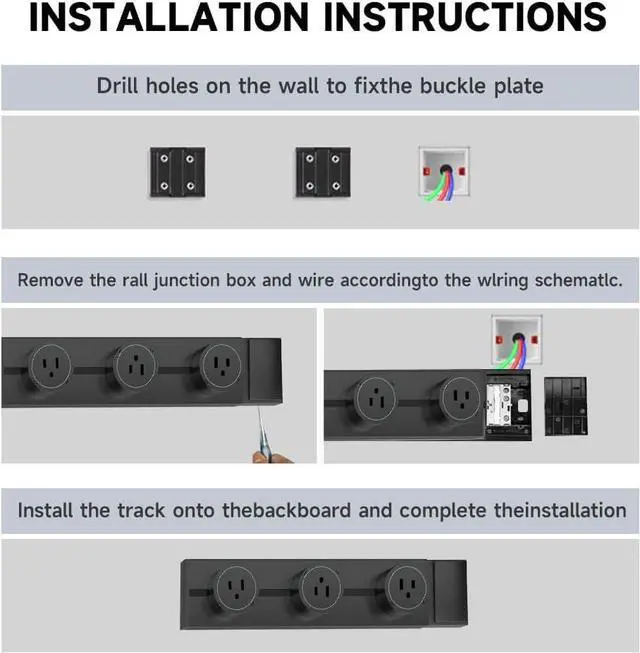 Alt view image 6 of 7 - Surge Protector Power Strip, 8000W High Wall Track Outlet, Mobile Rail Socket with 3 AC Outlet adapters, for Modern Home Kitchen, Living Room (Black, 40cm/15.7in)