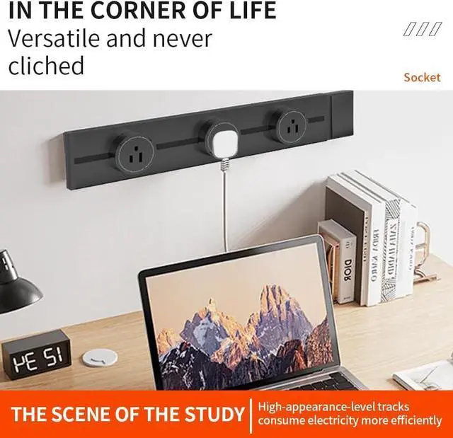 Alt view image 2 of 7 - Surge Protector Power Strip, 8000W High Wall Track Outlet, Mobile Rail Socket with 3 AC Outlet adapters, for Modern Home Kitchen, Living Room (Black, 40cm/15.7in)