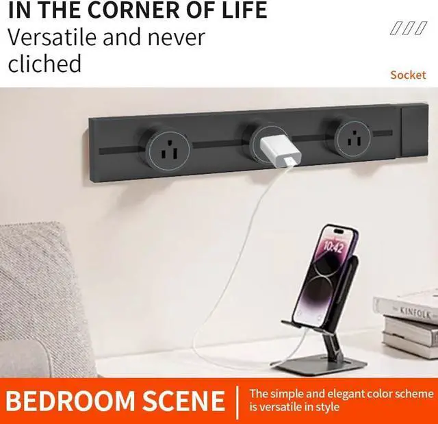 Alt view image 3 of 7 - Surge Protector Power Strip, 8000W High Wall Track Outlet, Mobile Rail Socket with 3 AC Outlet adapters, for Modern Home Kitchen, Living Room (Black, 40cm/15.7in)