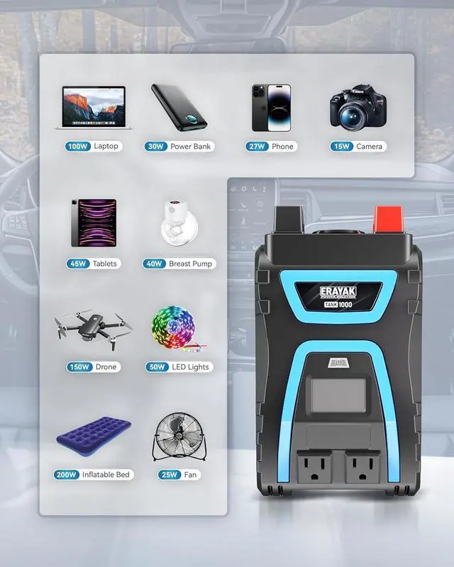 Alt view image 4 of 6 - 1000W Power Inverter, 12V DC to 110V 120V AC, LCD Display, Modified Sine Wave, Dual AC Outlets, USB-A & Type-C Ports, Quiet Fan for RV, Truck, Car, Home Backup