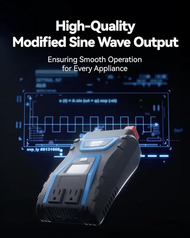 Alt view image 6 of 6 - 1000W Power Inverter, 12V DC to 110V 120V AC, LCD Display, Modified Sine Wave, Dual AC Outlets, USB-A & Type-C Ports, Quiet Fan for RV, Truck, Car, Home Backup