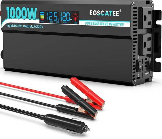 Main image of 1000W Pure Sine Wave Inverter - 12V DC to 110V/120V AC Car Power Converter with 2 Outlets, USB Port, Type-C LCD Display for Car, Truck, Home, Vehicles, Laptop