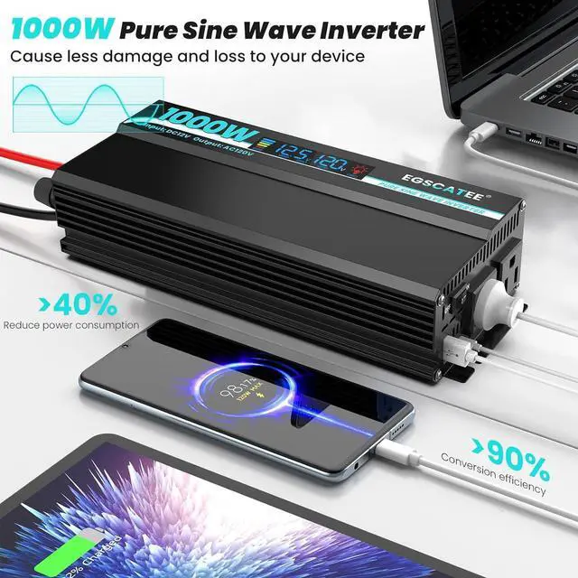 Alt view image 2 of 7 - 1000W Pure Sine Wave Inverter - 12V DC to 110V/120V AC Car Power Converter with 2 Outlets, USB Port, Type-C LCD Display for Car, Truck, Home, Vehicles, Laptop