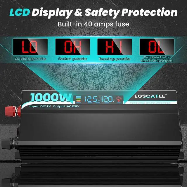Alt view image 4 of 7 - 1000W Pure Sine Wave Inverter - 12V DC to 110V/120V AC Car Power Converter with 2 Outlets, USB Port, Type-C LCD Display for Car, Truck, Home, Vehicles, Laptop