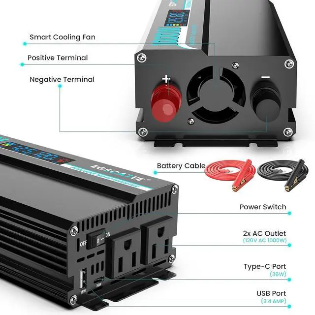 Alt view image 7 of 7 - 1000W Pure Sine Wave Inverter - 12V DC to 110V/120V AC Car Power Converter with 2 Outlets, USB Port, Type-C LCD Display for Car, Truck, Home, Vehicles, Laptop