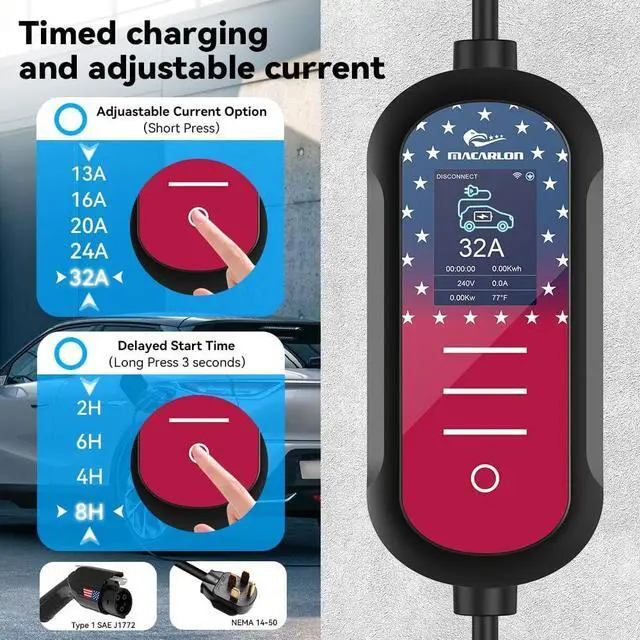 Alt view image 3 of 7 - Level 2 EV Charger 32A, 240V,7.68KW, NEMA 14-50 Plug,Electric Vehicle Portable,25ft Cable,Plug & Play for J1772,for Home and Outdoor (Black)