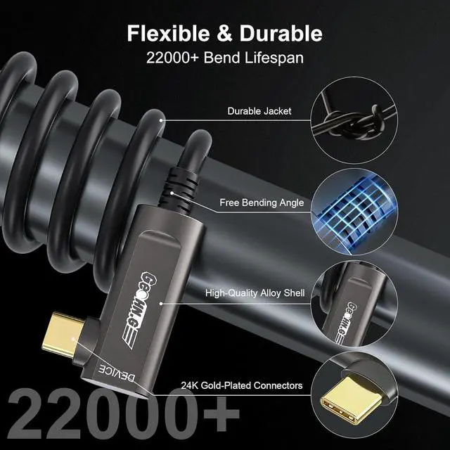 Alt view image 4 of 7 - USB A to C Fiber Optic Extension Cable 15M/50FT, Right Angle 3.2 10Gbps Long Distance Active Optical for VR/AR, Quest2, Webcam, Camera, Mini PC and More