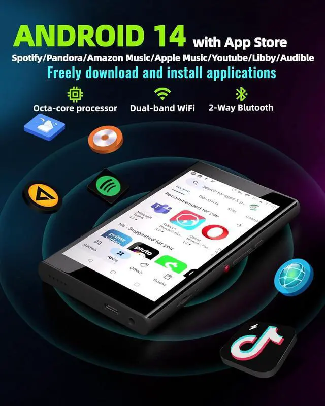 Alt view image 2 of 7 - 128GB MP3 Player with Bluetooth and WiFi, 5" Touch Screen Android 14 Music Play Store, Spotify, Pandora,  Music, & MP4 for Kids Libby, Audible, Up to 512GB