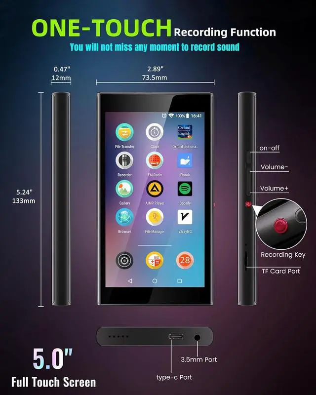 Alt view image 6 of 7 - 128GB MP3 Player with Bluetooth and WiFi, 5" Touch Screen Android 14 Music Play Store, Spotify, Pandora,  Music, & MP4 for Kids Libby, Audible, Up to 512GB