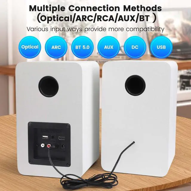 Alt view image 6 of 7 - White Bookshelf Speakers Pair, 70W Powered Record Player Turntable Wired Optical/ARC/RCA/AUX/BT Input HiFi Stereo with 4" Woofer for Home TV Desktop PC Studio Monitor