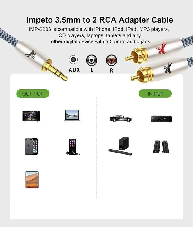 Alt view image 5 of 6 - 3.5mm to 2RCA Audio Cable Aux RCA Headphone Male Jack Adapter Cotton Braided 1/8 Y Cord Subwoofer 9.84ft