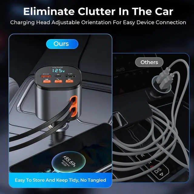 Alt view image 2 of 7 - Retractable PD 30W Type-C and for iPhone Charger with Bluetooth 5.3 Car Adapter, FM Transmitter, Hands-Free Calling, MP3 Player, LED Display, USB Support, Best Accessories Phone