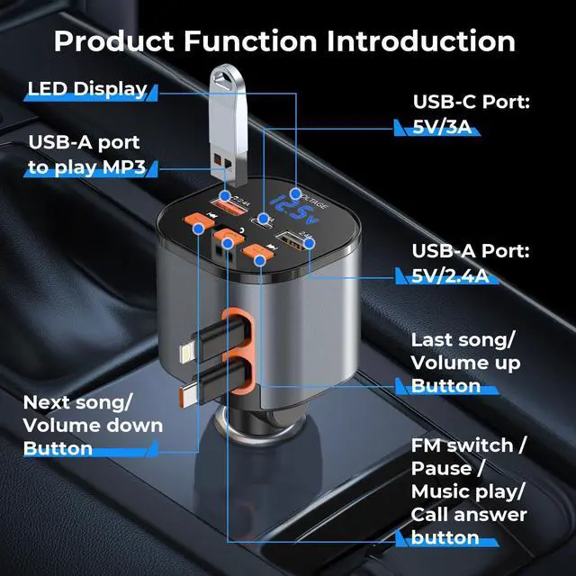 Alt view image 5 of 7 - Retractable PD 30W Type-C and for iPhone Charger with Bluetooth 5.3 Car Adapter, FM Transmitter, Hands-Free Calling, MP3 Player, LED Display, USB Support, Best Accessories Phone