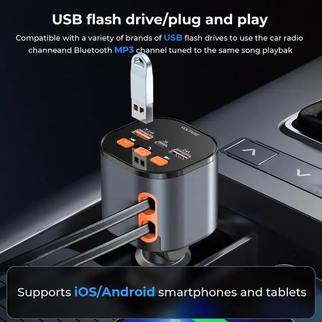 Alt view image 7 of 7 - Retractable PD 30W Type-C and for iPhone Charger with Bluetooth 5.3 Car Adapter, FM Transmitter, Hands-Free Calling, MP3 Player, LED Display, USB Support, Best Accessories Phone