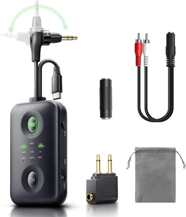 Main image of Unique Design Bluetooth 5.4 Transmitter Receiver with Qualcomm aptX Adaptive for Dual AirPods/Headphones, 3.5mm Aux Jack & USB C Adapter Airplane/TV/PS5/Gym/Phone/Tablet/Car(for TV)