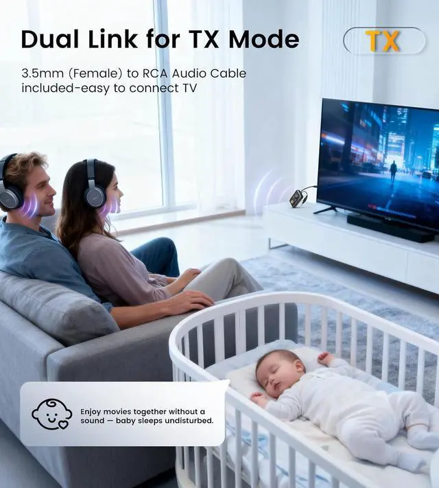 Alt view image 4 of 7 - Unique Design Bluetooth 5.4 Transmitter Receiver with Qualcomm aptX Adaptive for Dual AirPods/Headphones, 3.5mm Aux Jack & USB C Adapter Airplane/TV/PS5/Gym/Phone/Tablet/Car(for TV)