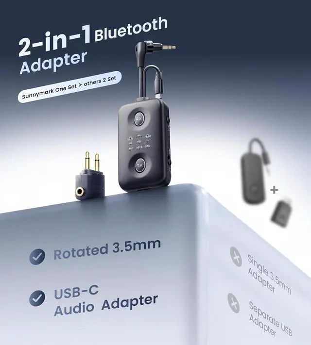 Alt view image 6 of 7 - Unique Design Bluetooth 5.4 Transmitter Receiver with Qualcomm aptX Adaptive for Dual AirPods/Headphones, 3.5mm Aux Jack & USB C Adapter Airplane/TV/PS5/Gym/Phone/Tablet/Car(for TV)