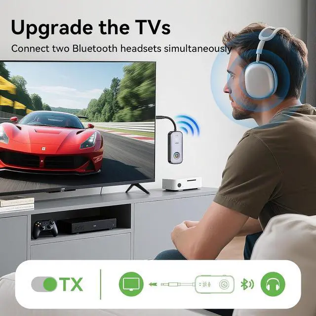 Alt view image 4 of 7 - 2025 Pro Bluetooth Receiver Transmitter,2-in-1 Wireless Audio Adapter for Airplane/TV/PC/Gym-Dual Link Headphone,Bluetooth Car/Home Stereo,Low Latency,Battery Display,Built-in MIC