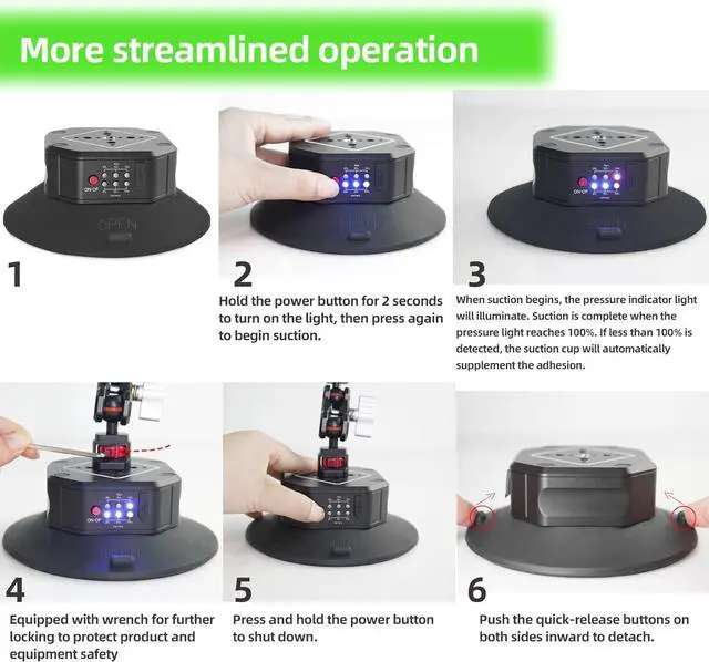 Alt view image 3 of 7 - 6in Electric Auto Pump Suction Cup Camera Mount with Aluminum Ball Head Magic Arm, Automatic Air Vacuum Cup, Quick Release Car Compatible DJI OSMO Pocket 3 Insta360 iPhone