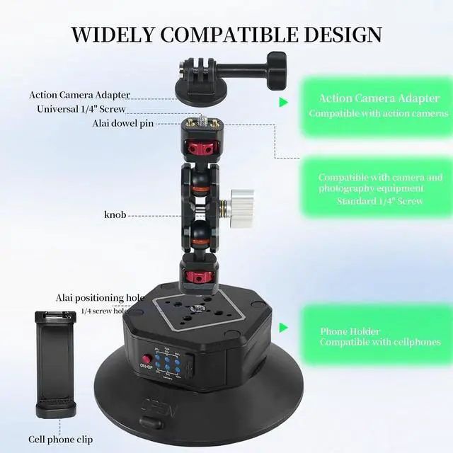 Alt view image 5 of 7 - 6in Electric Auto Pump Suction Cup Camera Mount with Aluminum Ball Head Magic Arm, Automatic Air Vacuum Cup, Quick Release Car Compatible DJI OSMO Pocket 3 Insta360 iPhone