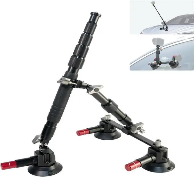 Main image of Triple Suction Cup Car Mount Kit with 2in1 Selfie Stick, Quick Release Adjustable Extension Pole Camera for Windshield Dashboard Hood, Compatible GoPro Insta360 DJI Action Cameras