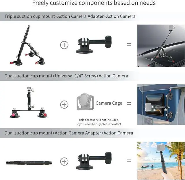 Alt view image 3 of 7 - Triple Suction Cup Car Mount Kit with 2in1 Selfie Stick, Quick Release Adjustable Extension Pole Camera for Windshield Dashboard Hood, Compatible GoPro Insta360 DJI Action Cameras