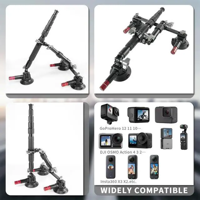 Alt view image 2 of 7 - Triple Suction Cup Car Mount Kit with 2in1 Selfie Stick, Quick Release Adjustable Extension Pole Camera for Windshield Dashboard Hood, Compatible GoPro Insta360 DJI Action Cameras