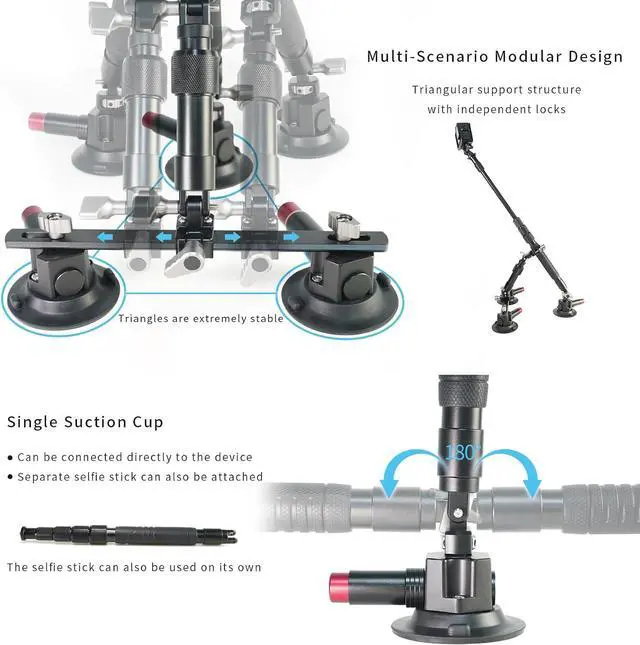 Alt view image 4 of 7 - Triple Suction Cup Car Mount Kit with 2in1 Selfie Stick, Quick Release Adjustable Extension Pole Camera for Windshield Dashboard Hood, Compatible GoPro Insta360 DJI Action Cameras