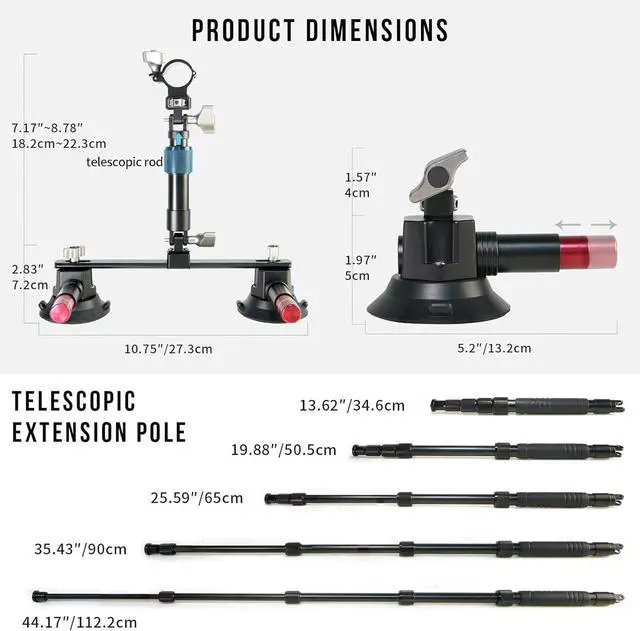 Alt view image 5 of 7 - Triple Suction Cup Car Mount Kit with 2in1 Selfie Stick, Quick Release Adjustable Extension Pole Camera for Windshield Dashboard Hood, Compatible GoPro Insta360 DJI Action Cameras