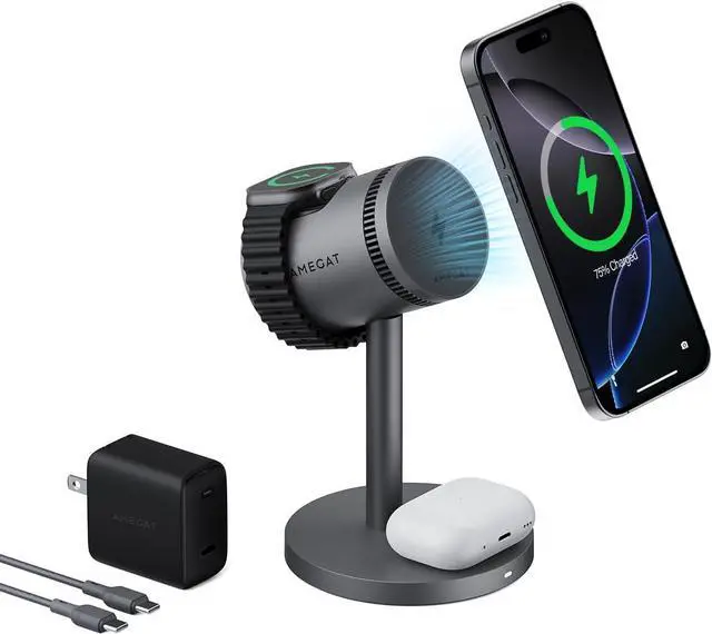 Main image of 3 in 1 Charging Station Compatible with MagSafe, Cooling Wireless Charger 15W Qi2 Certified for iPhone 17/16/15/14/13/12, Samsung S25, AP Watch, AirPods (45W PD Included)