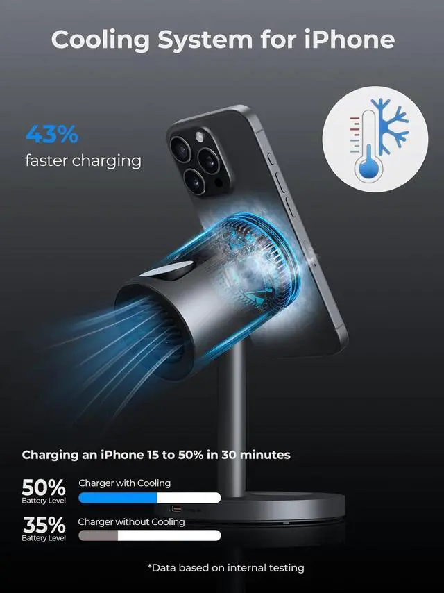 Alt view image 2 of 7 - 3 in 1 Charging Station Compatible with MagSafe, Cooling Wireless Charger 15W Qi2 Certified for iPhone 17/16/15/14/13/12, Samsung S25, AP Watch, AirPods (45W PD Included)