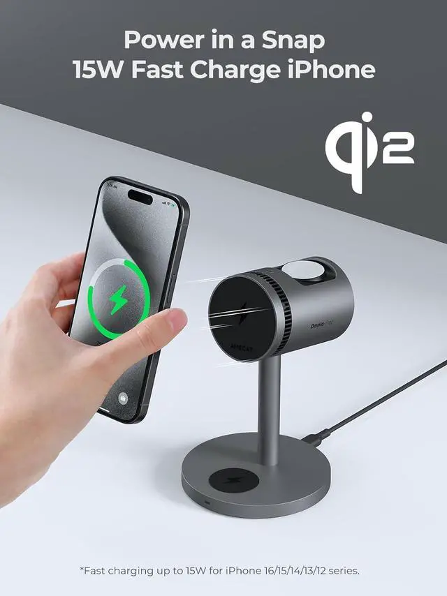 Alt view image 3 of 7 - 3 in 1 Charging Station Compatible with MagSafe, Cooling Wireless Charger 15W Qi2 Certified for iPhone 17/16/15/14/13/12, Samsung S25, AP Watch, AirPods (45W PD Included)