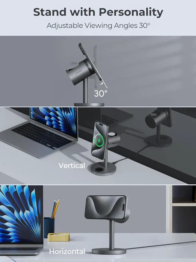 Alt view image 5 of 7 - 3 in 1 Charging Station Compatible with MagSafe, Cooling Wireless Charger 15W Qi2 Certified for iPhone 17/16/15/14/13/12, Samsung S25, AP Watch, AirPods (45W PD Included)