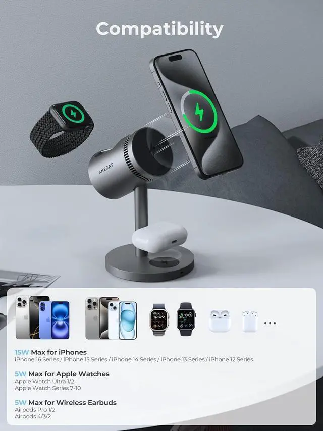 Alt view image 7 of 7 - 3 in 1 Charging Station Compatible with MagSafe, Cooling Wireless Charger 15W Qi2 Certified for iPhone 17/16/15/14/13/12, Samsung S25, AP Watch, AirPods (45W PD Included)